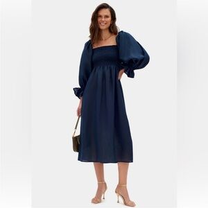 Sleeper Atlanta Linen Dress Navy Blue Midi Size Small